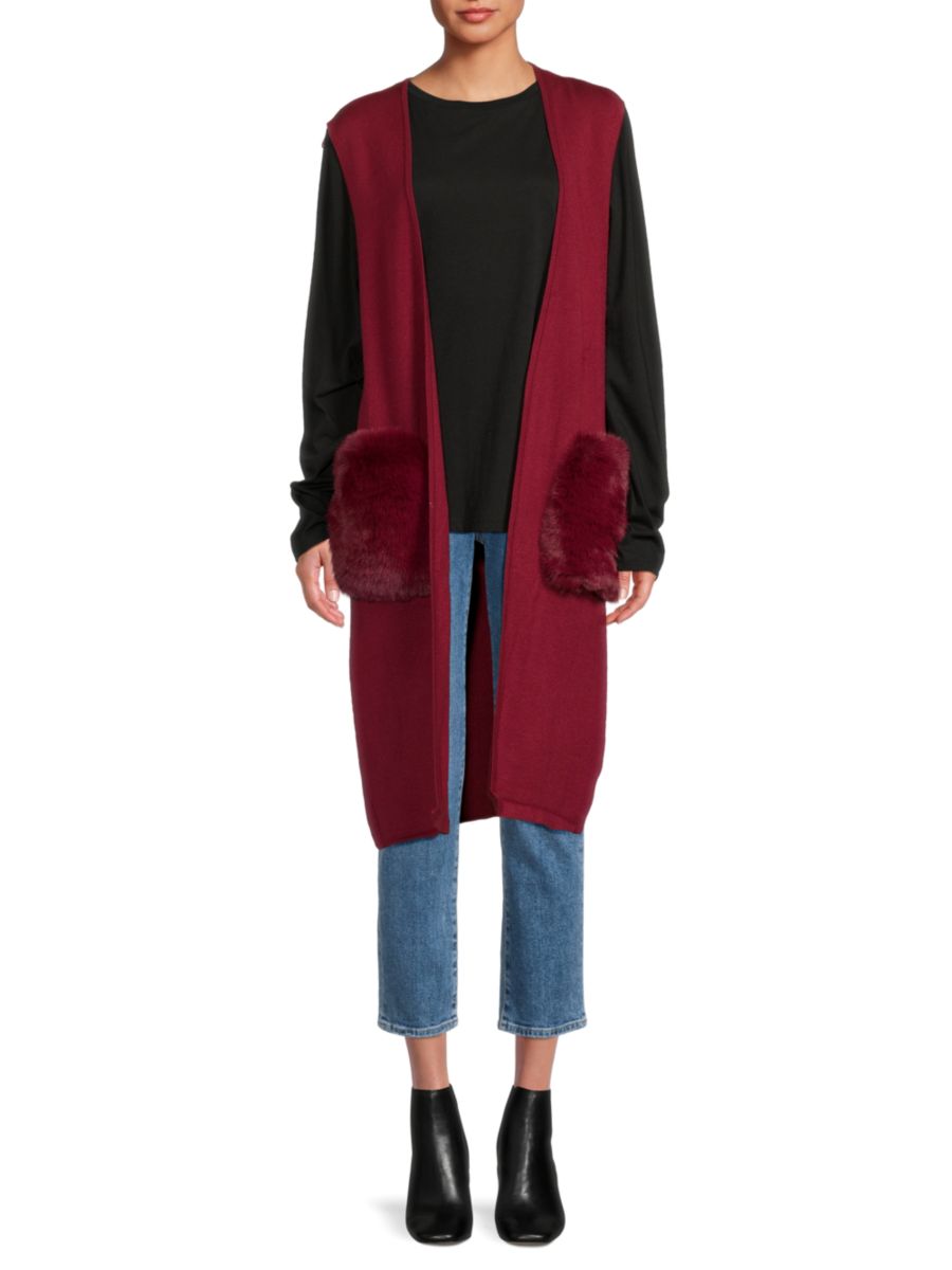 

Кардиган с открытым передом и отделкой из искусственного меха Saks Fifth Avenue, цвет Cabernet