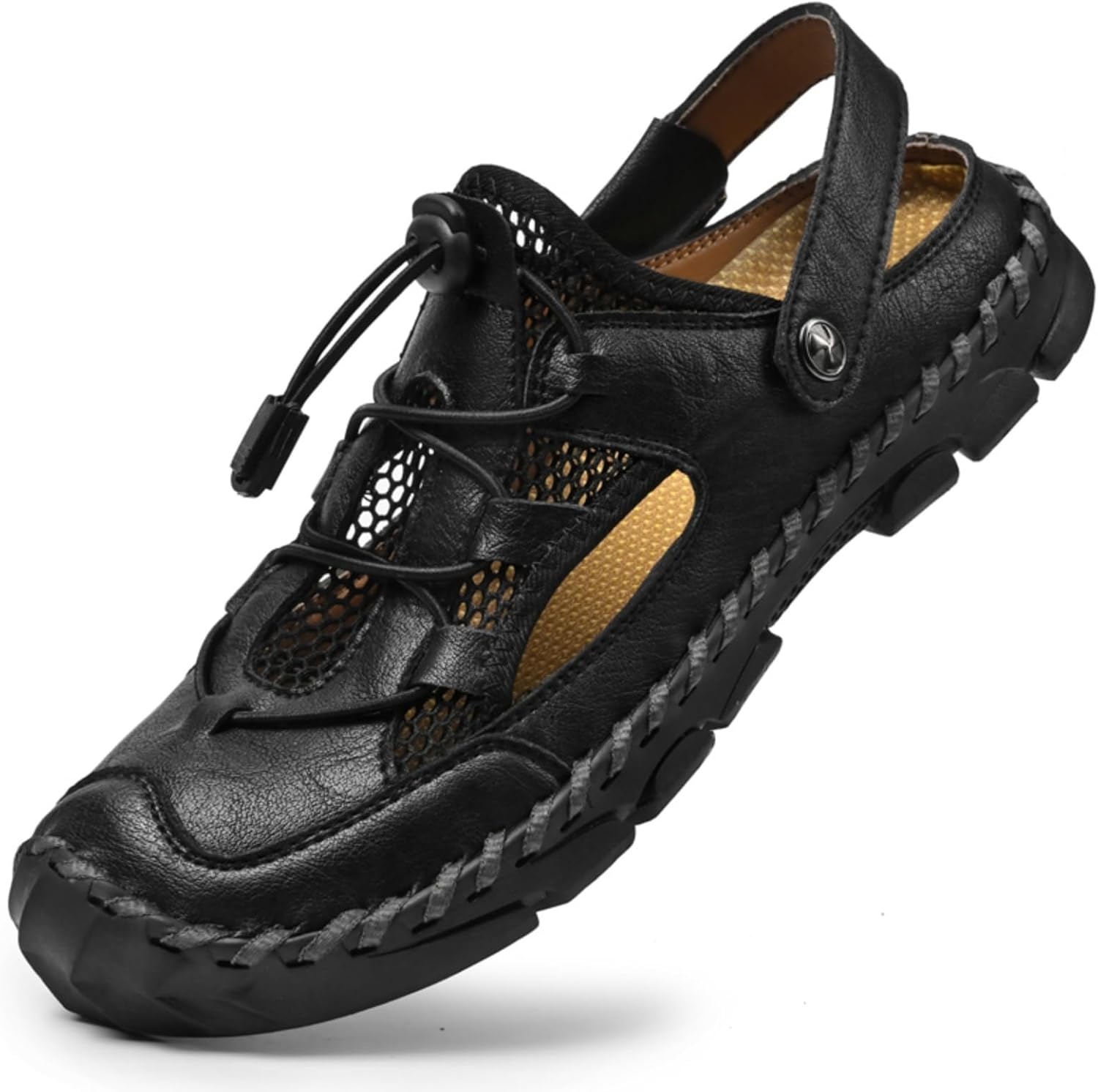 

Мужские водные туфли из кожи и сетки с регулируемыми шнурками - уличная обувь для пляжа, походов, кемпинга, мягкие, легкие повседневные сандалии Yrzhgdl, черный