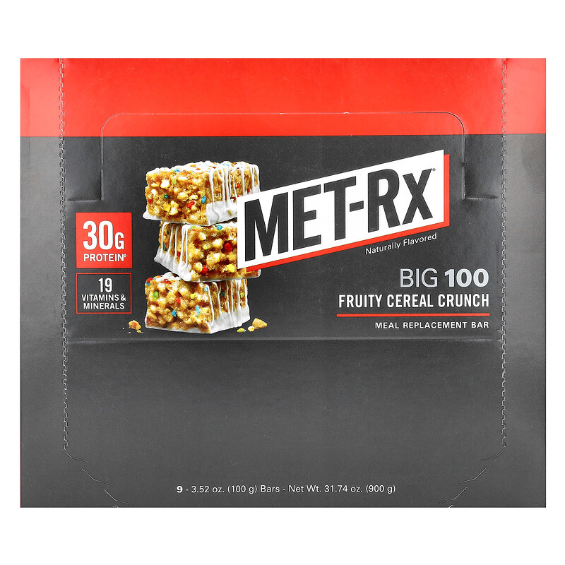 

MET-Rx, Big 100, батончик, заменяющий прием пищи, со вкусом фруктовых хлопьев, 9 батончиков по 100 г (3,52 унции)