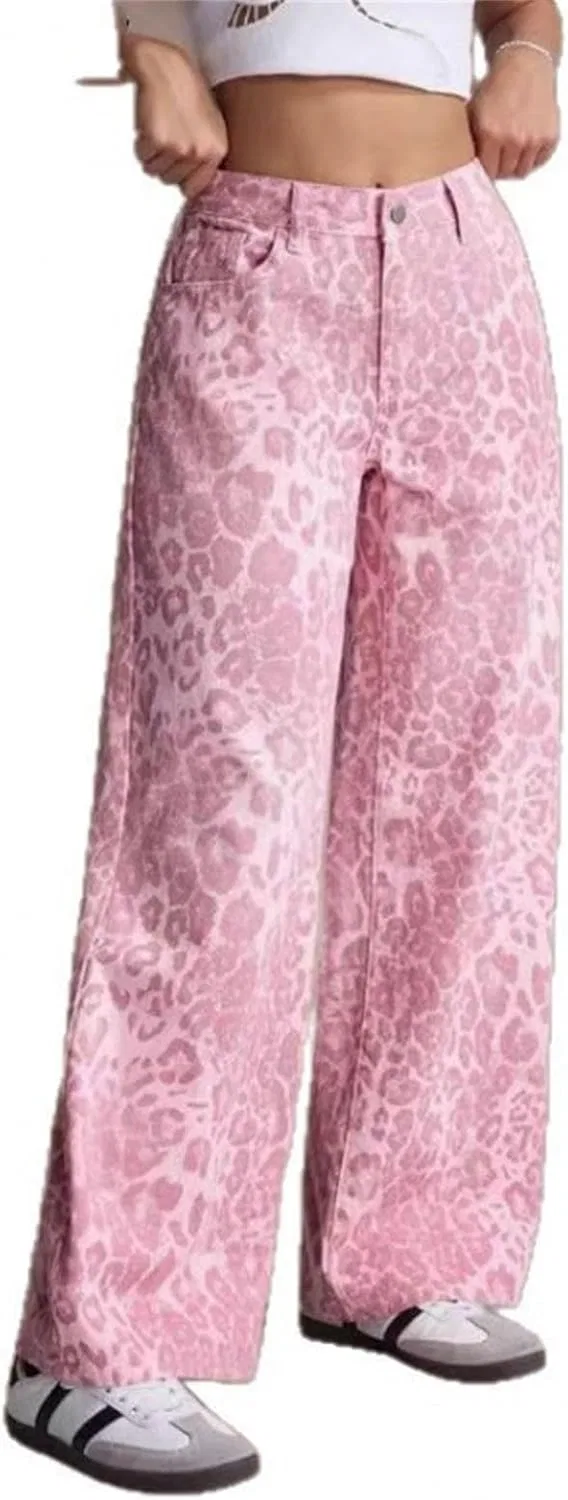 Джинсы с леопардовым принтом, розовый