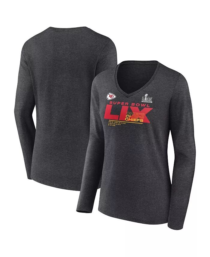 

Женская футболка Heather Charcoal Kansas City Chiefs Super Bowl LIX Quick Pass с длинным рукавом и V-образным вырезом Fanatics