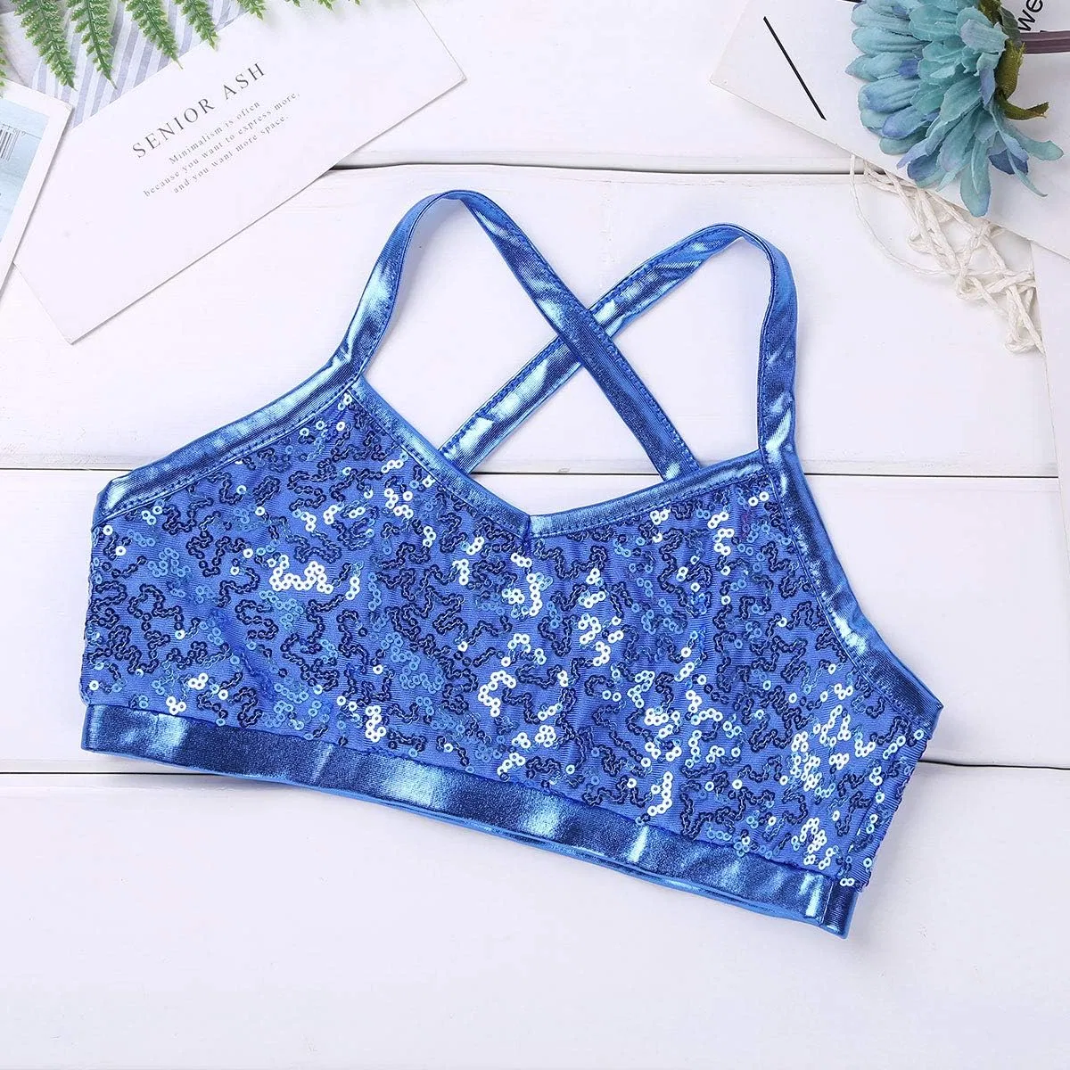 Детский спортивный комплект Agoky, 2 предмета, танцевальный топ и шорты, Light Blue Shiny — фото 4
