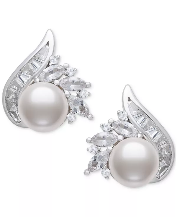 

Серьги-Гвоздики из стерлингового серебра с искусственным пресноводным жемчугом (8-9 мм) и выращенным в лаборатории белым сапфиром (2 карата) в форме завитка смешанной огранки Belle De Mer, silver