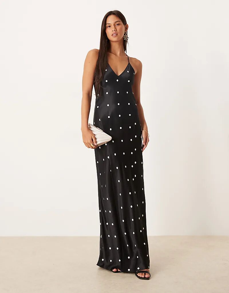

Платье макси ASOS DESIGN из атласа с декоративными швами в горошек