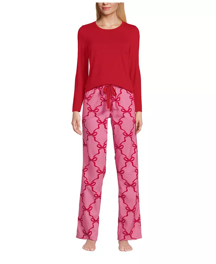 

Женский подарочный набор пижамы - трикотажная блузка с длинными рукавами и фланелевые брюки Lands' End, розовый