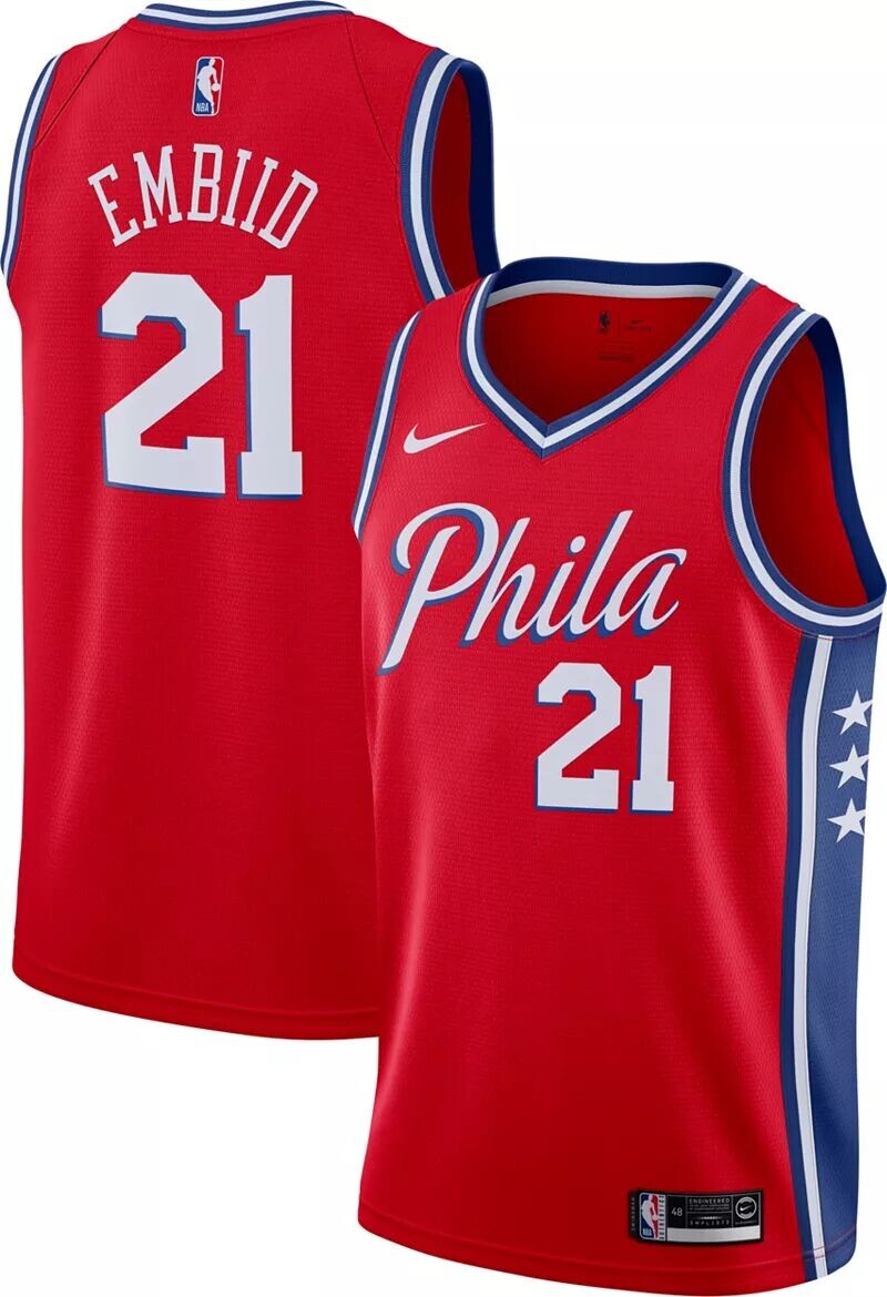 

Jordan Мужская красная майка Nike Philadelphia 76ers Joel Embiid #21 Dri-FIT Statement Swingman