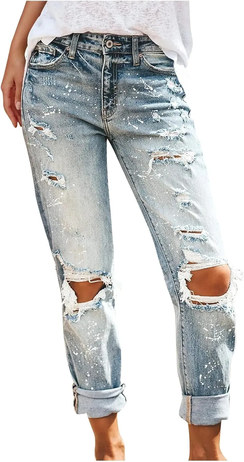 

Женские рваные джинсы Mid Waisted Boyfriend Loose Fit Distressed Stretchy Denim Pant Vintage Y2k Streetwear с карманом