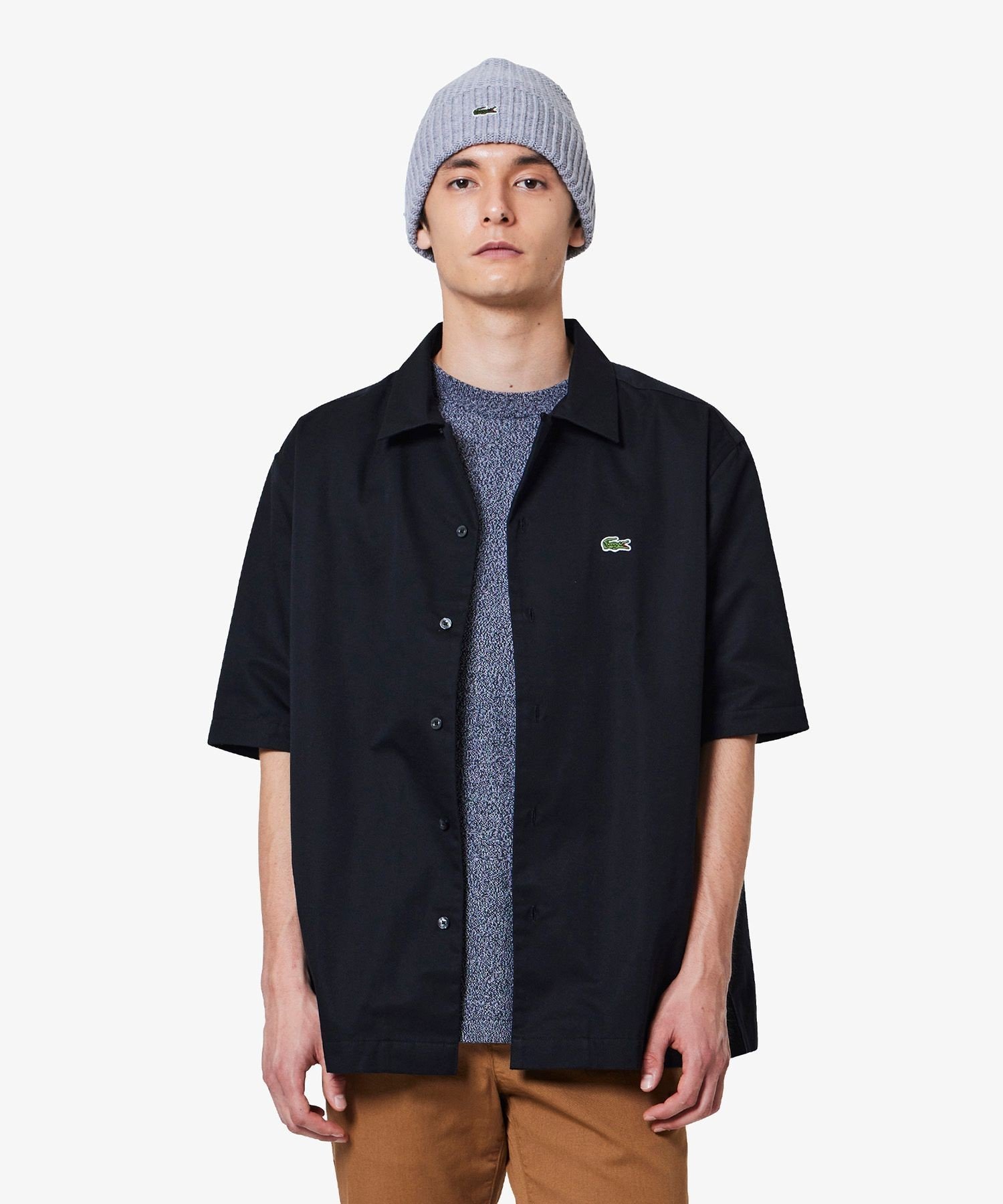 Рубашка с открытым воротником из смесовой шелковой ткани LACOSTE, Black