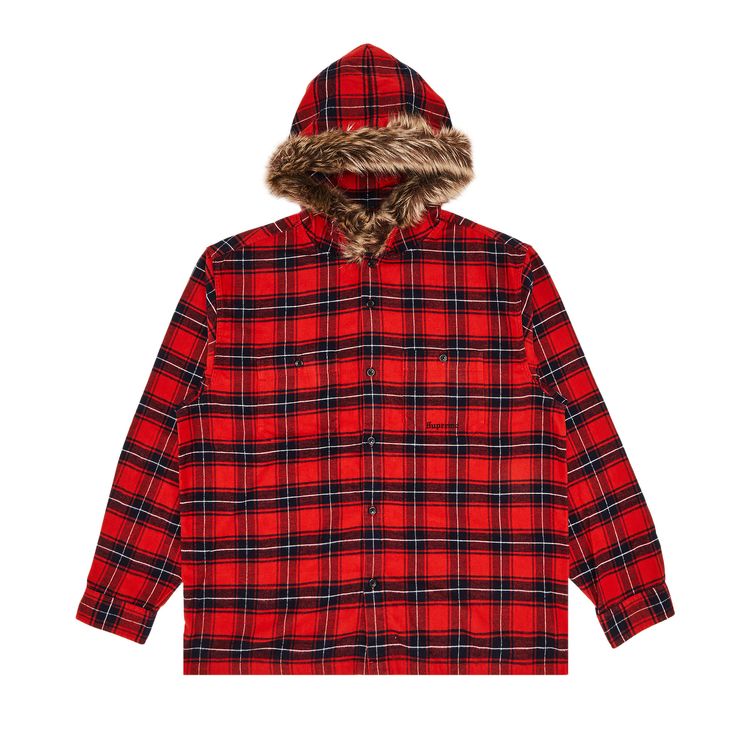 

Рубашка Supreme Fur Trim Flannel Hooded Shirt 'Red Plaid', красный