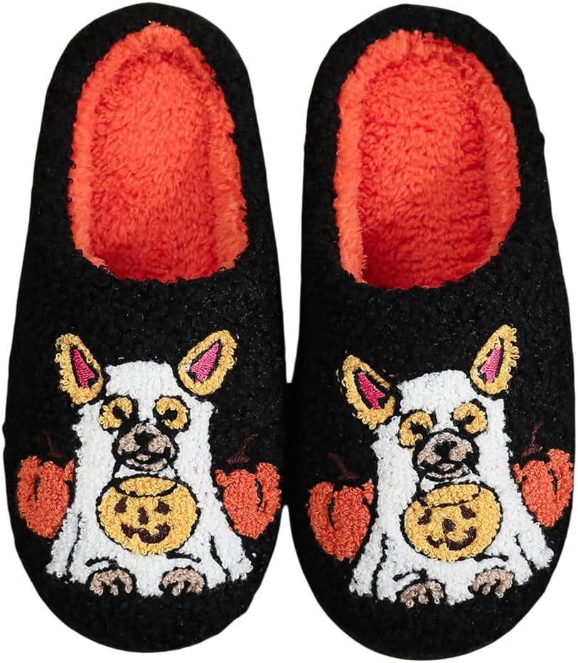 

Домашние тапочки на Хэллоуин для женщин и мужчин - уютные плюшевые домашние тапочки с нескользящей подошвой, милые изображения привидений/тыкв/летучих мышей, нескользящие, удобные для дома, для взрослых Hi-Y2Kgirls, A24