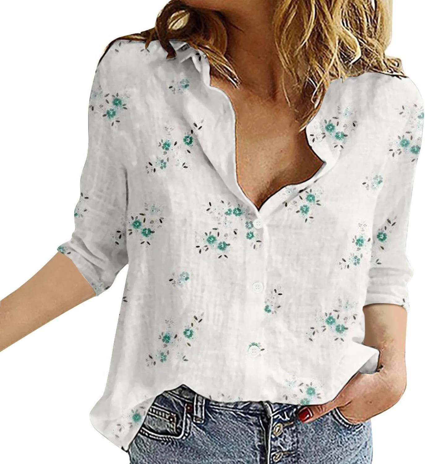 Блуза свободная на пуговицах с отложным воротником, Fashion Women's Loose Button Solid Lapel Long Sleeve T-shirt Blouse, белый