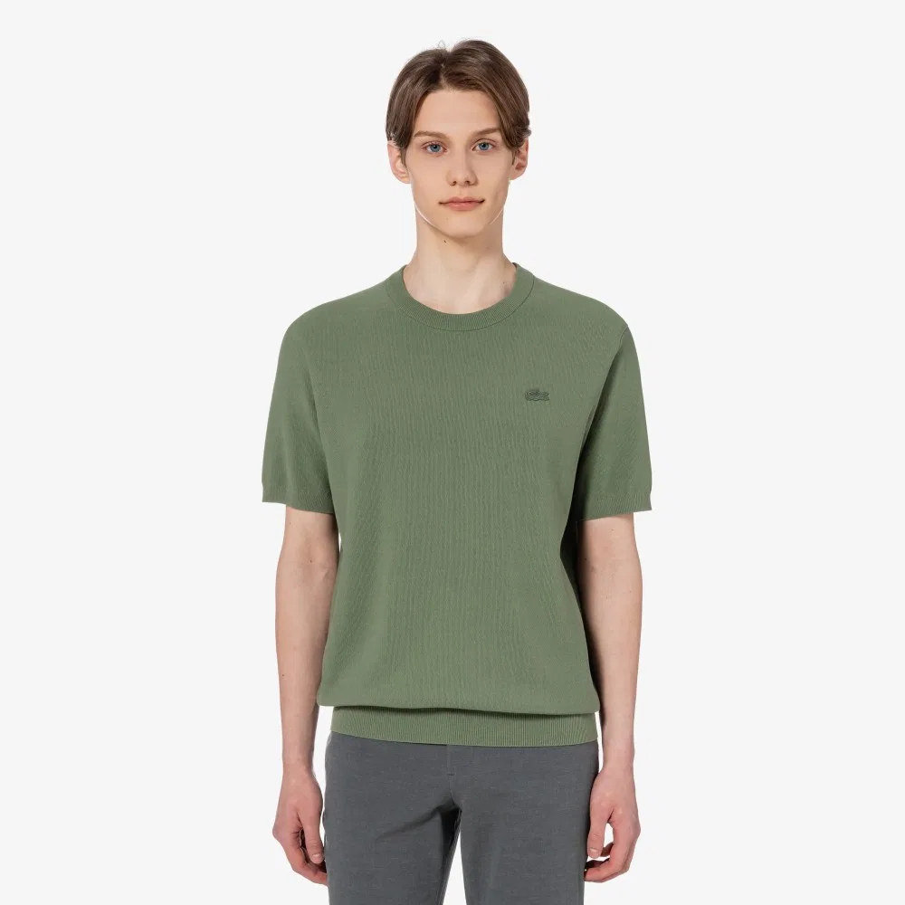 Мужской однотонный хлопковый джемпер с коротким рукавом, хаки, от Lacoste — фото 4