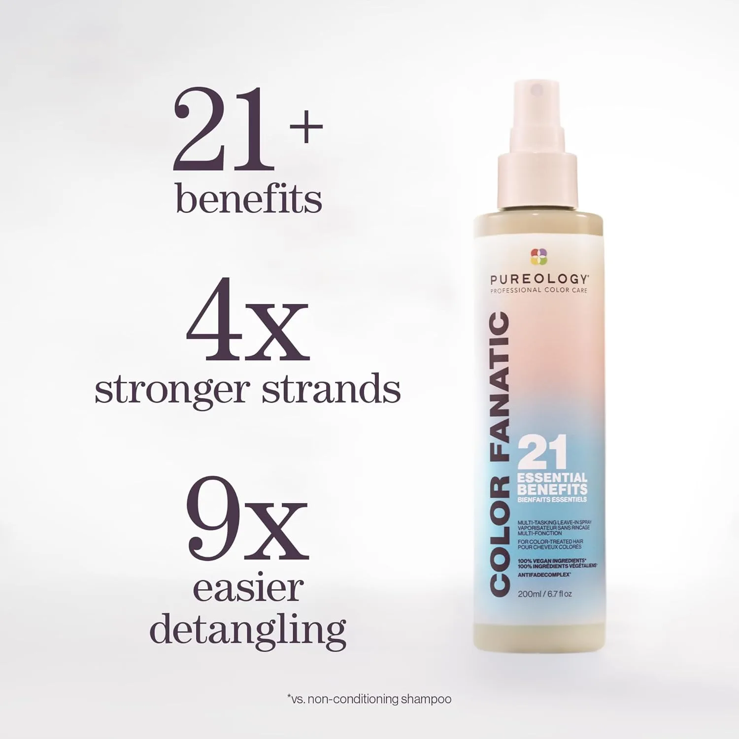 Pureology Color Fanatic Multi-Tasking Leave-In Спрей - для распутывания и контроля пушистости, 21 преимущество для всех типов волос, термозащита, с маслами кокоса и камелии, для окрашенных волос, веганский — фото 2