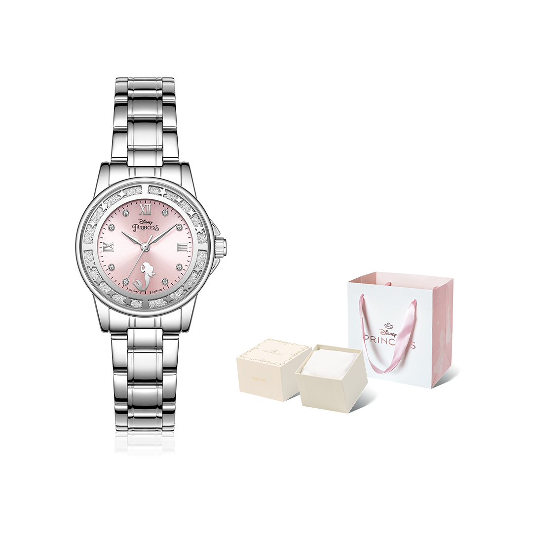 

Disney Часы Mermaid Series с кварцевым механизмом, стальной браслет, женские, розовый циферблат