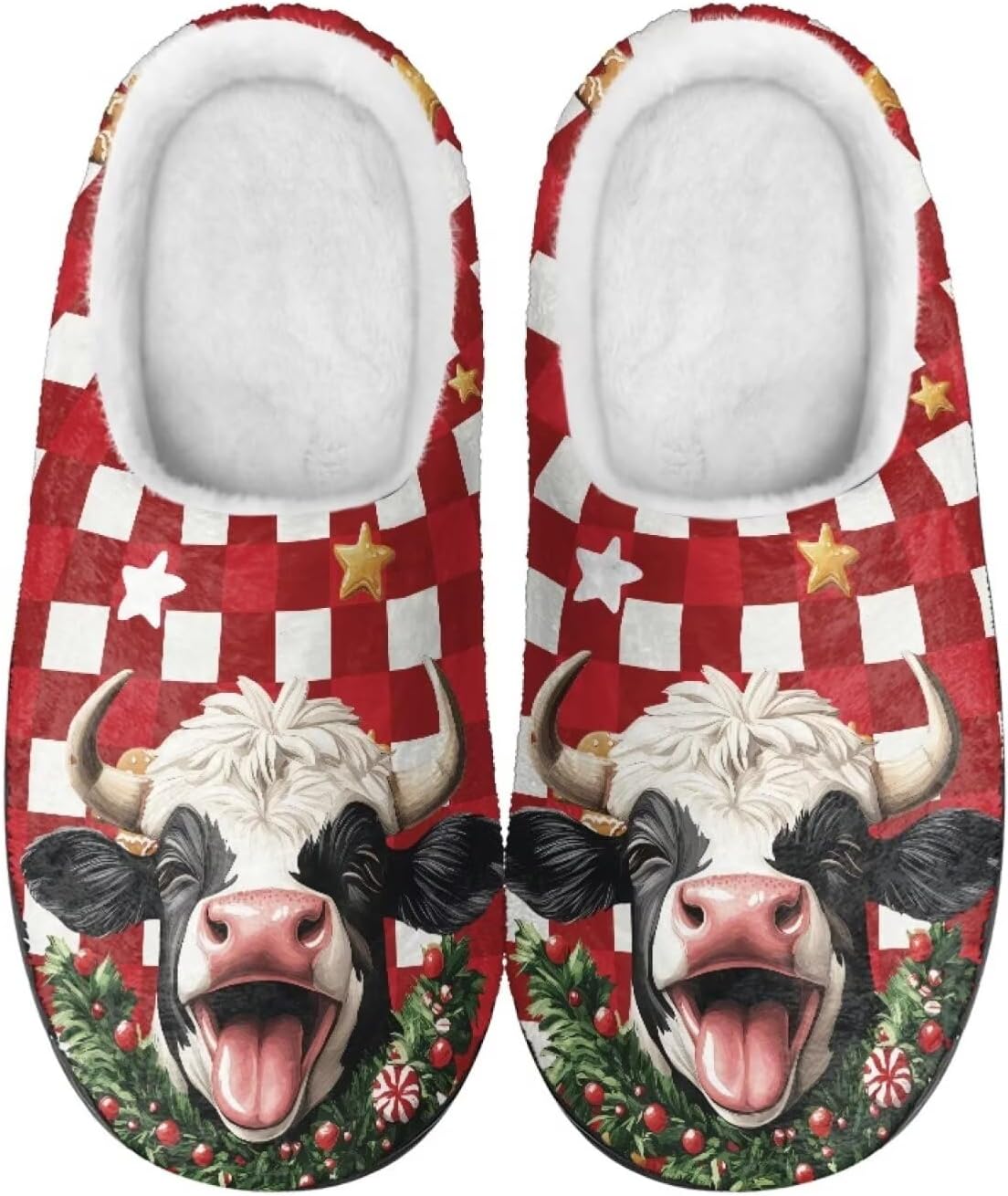 

Домашние тапочки Binienty для женщин и мужчин, пушистые, для дома и улицы, удобные, с противоскользящей подошвой, Christmas Cow Head
