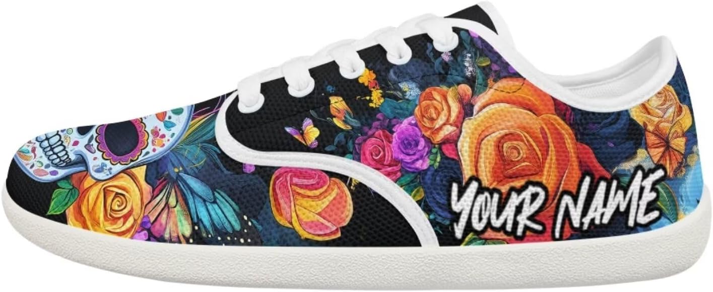 

Кроссовки для ходьбы для женщин и мужчин, с широким носком, босоножки, с нулевым перепадом высоты подошвы, минималистичные кроссовки, дышащая сетка, теннисные кроссовки Pointodoor, Skull Flower Butterfly Pattern