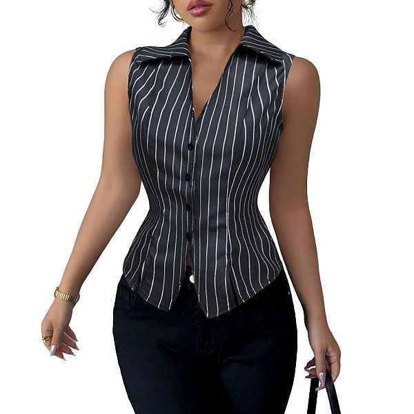 

Женский топ с воротником, V-образным вырезом, без рукавов, в полоску, на пуговицах, с разрезом по боку Clearflower, Black