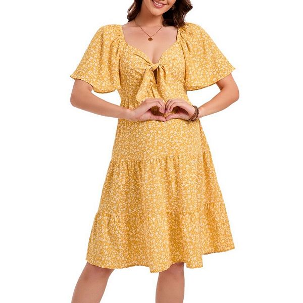 

Летнее платье для беременных с глубоким v-вырезом, элегантным бантом и рюшами по подолу, миди Yesfashion, Yellow