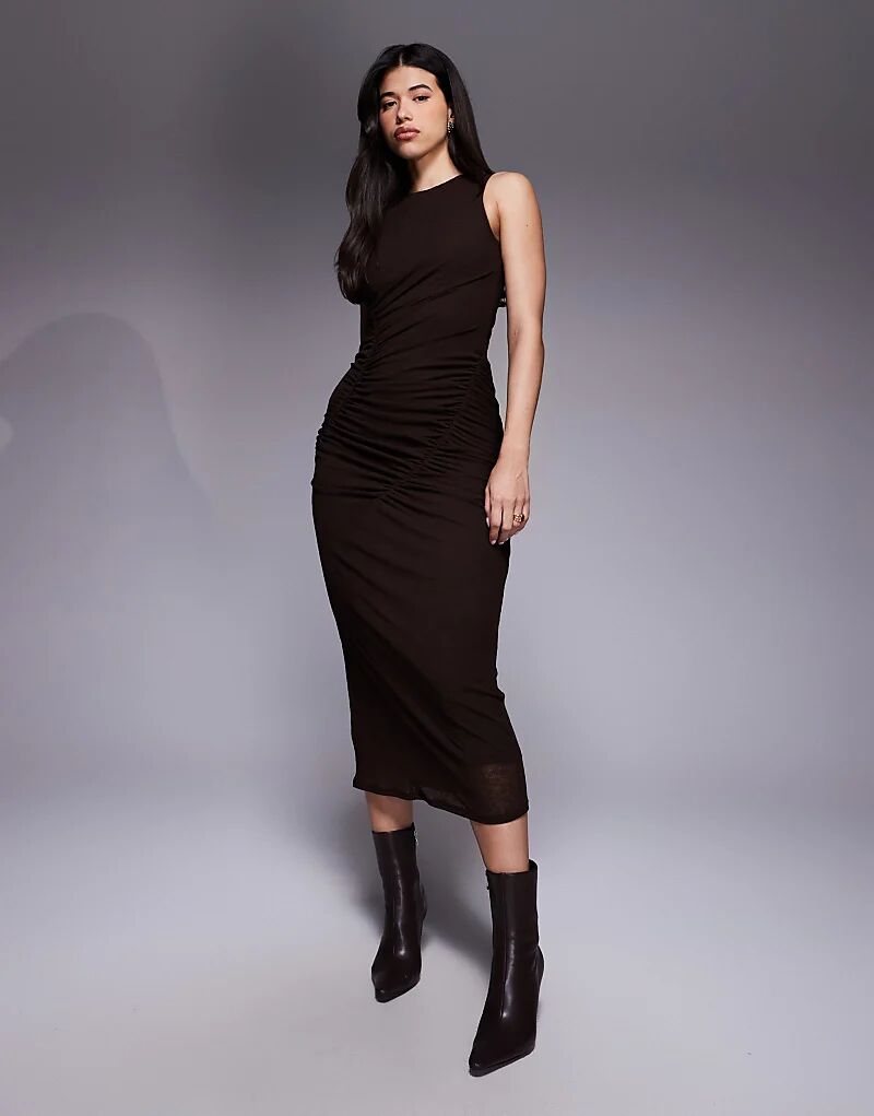 

Платье миди ASOS DESIGN из сетчатой ​​ткани без рукавов с присборенными швами шоколадного цвета