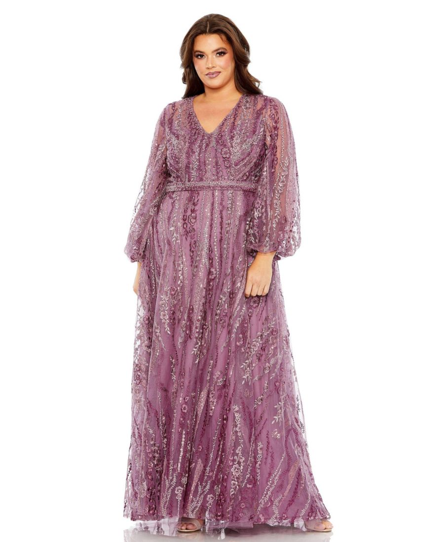 

Женское платье А-силуэта с V-образным вырезом, пышными рукавами и вышивкой Mac Duggal, Mauve