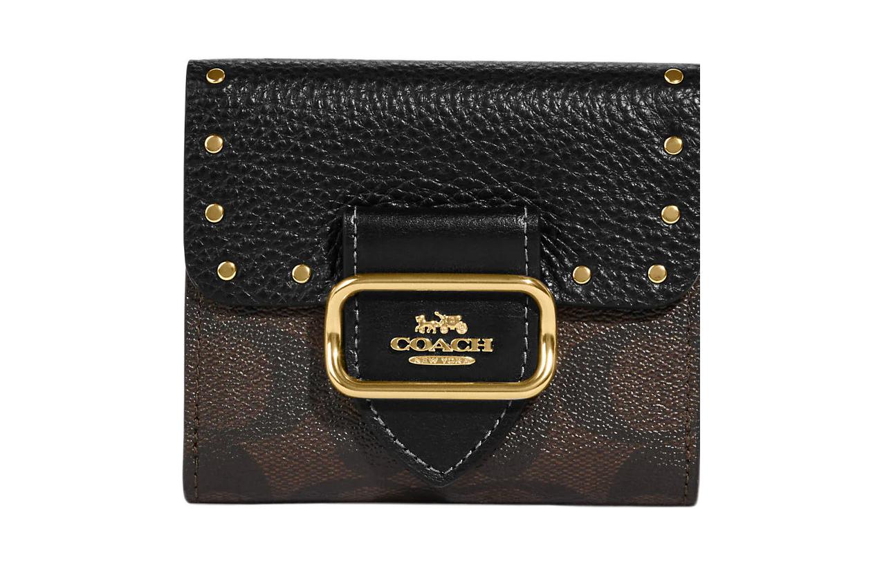 

COACH Женский кошелек из ткани с покрытием и кожаным держателем для карт, небольшого размера, коричневого и черного цветов