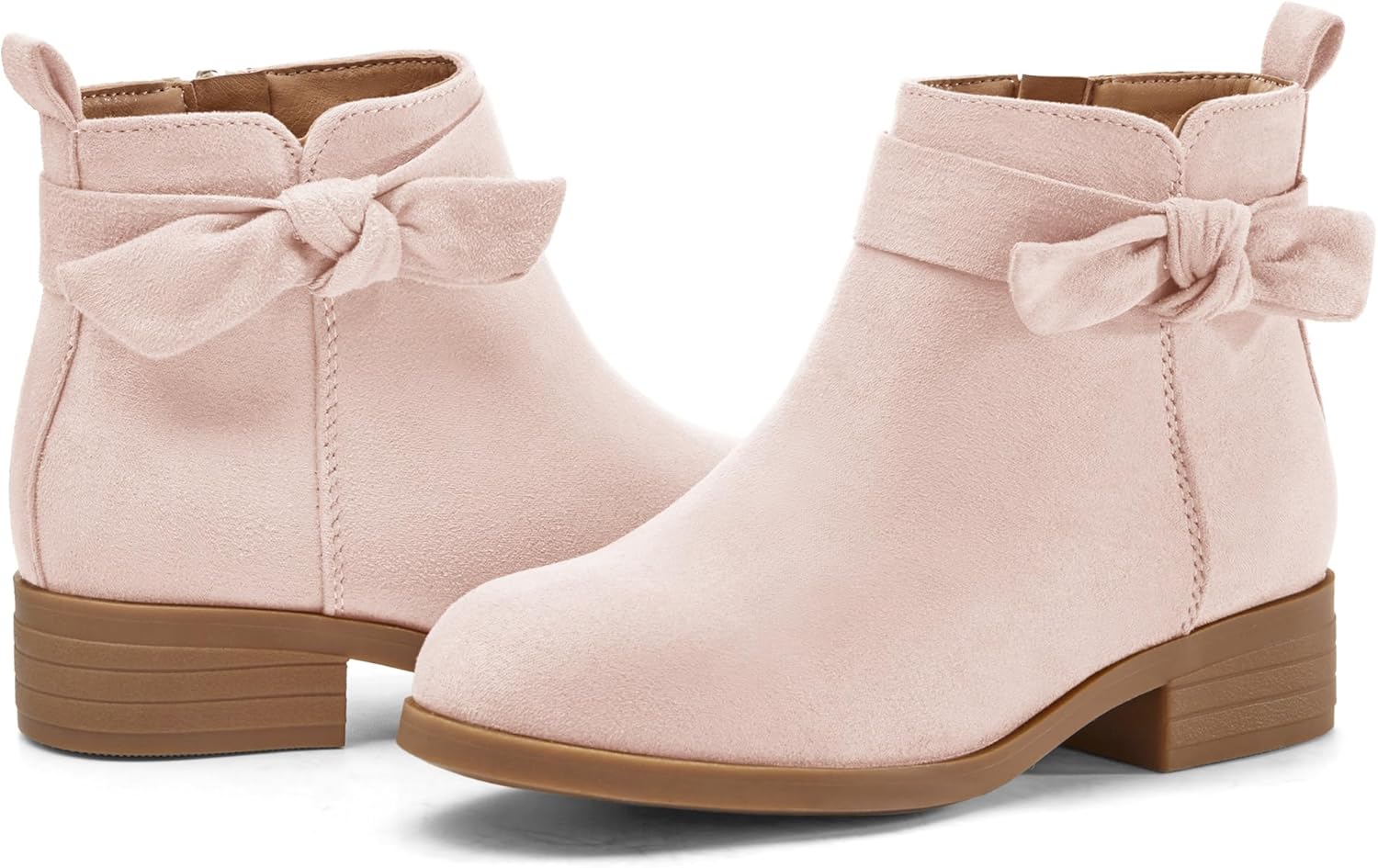 

Детские ботильоны Coutgo для девочек с бантиком на щиколотке, низкий массивный каблук, боковая молния, милые праздничные ботинки для малышей и старших детей, Pink