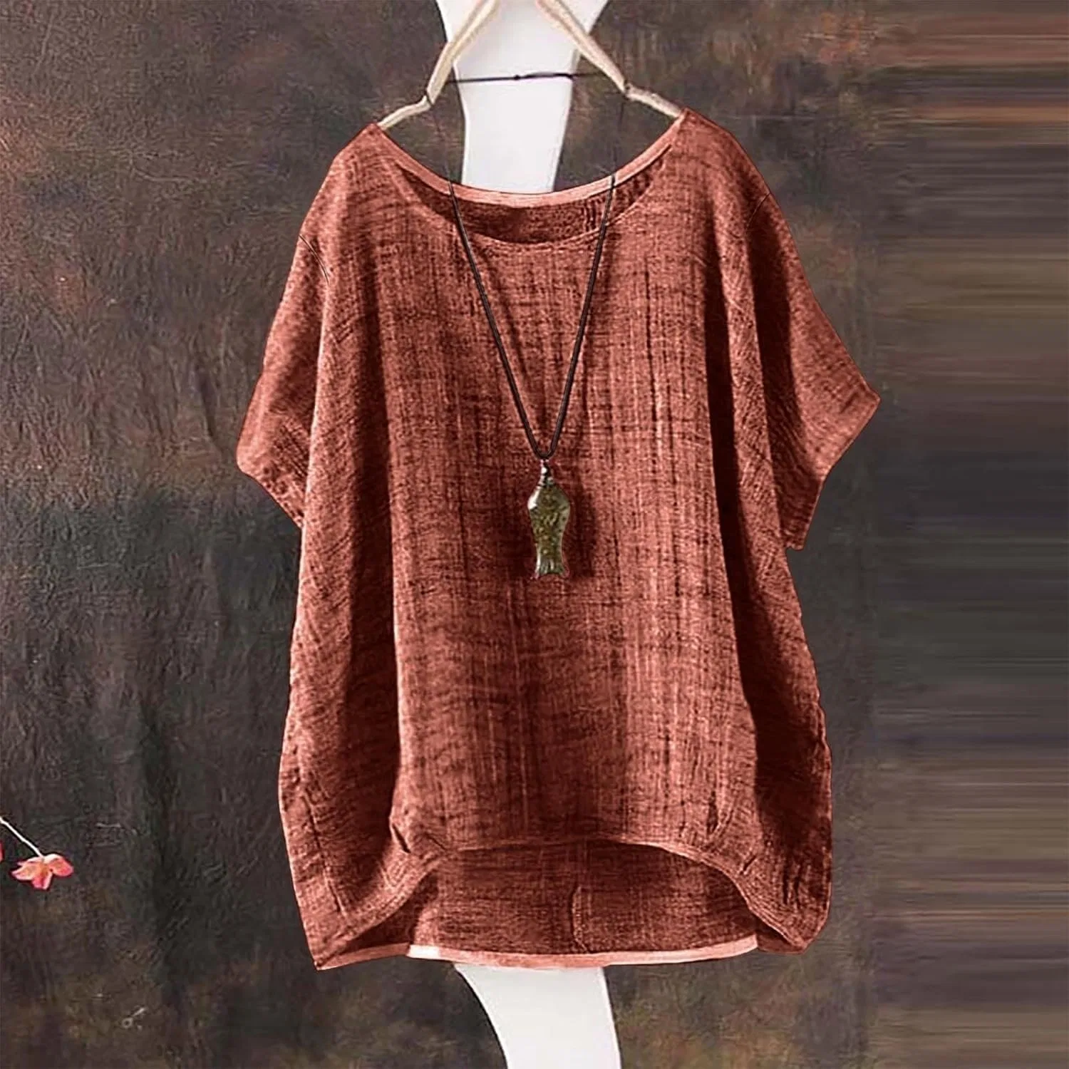 Футболка с круглым вырезом, свободный крой, Cotton Linen, цвет Coffee#01 — фото 3