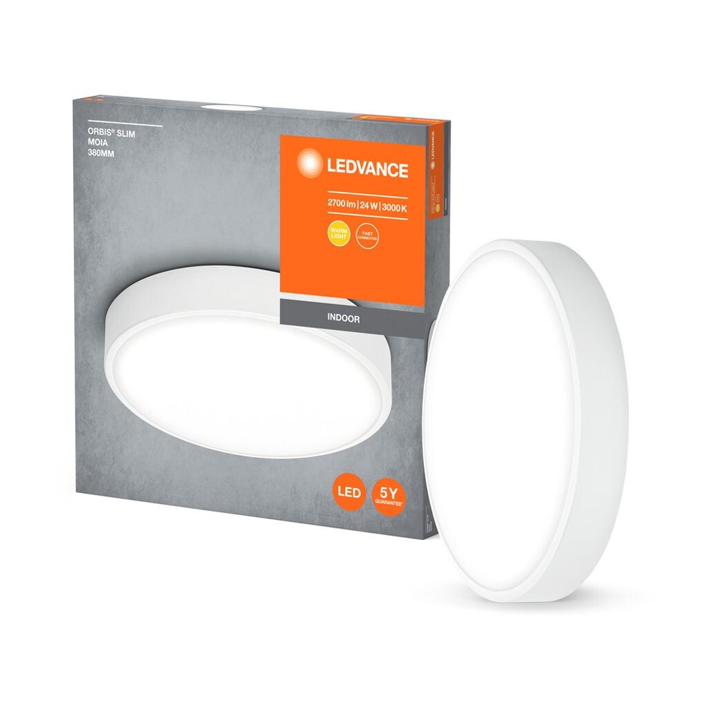 

LEDVANCE ORBIS Slim Moia Светодиодный потолочный светильник 380мм, белый, 24Вт, 2600лм, теплый белый свет, очень однородное светораспределение, длительный срок службы, стационарно установленный светодиодный модуль, круглый, класс защиты IP20, 30...