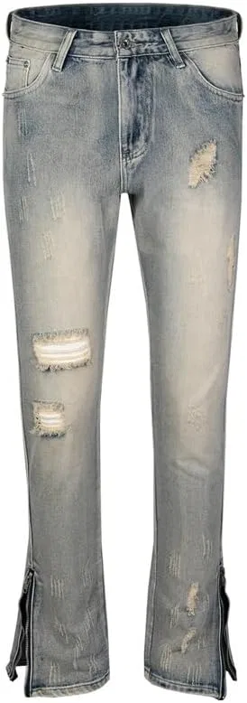 Джинсы прямые, потертые, Zipper Hemline, синие