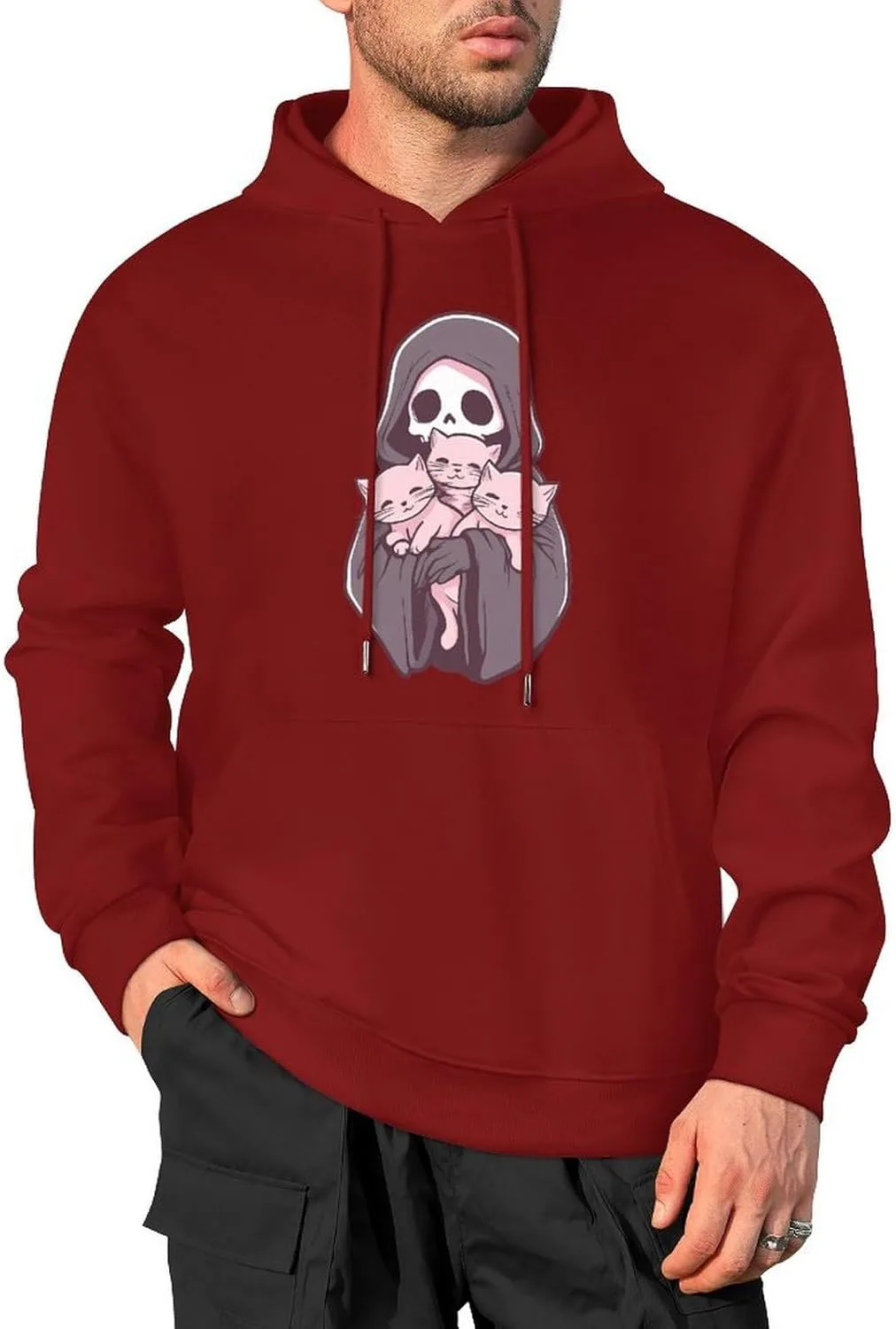 Толстовка с капюшоном Grim Reapers And Her Cats для мужчин, хлопковый пуловер с карманом Generic, темно-багровый