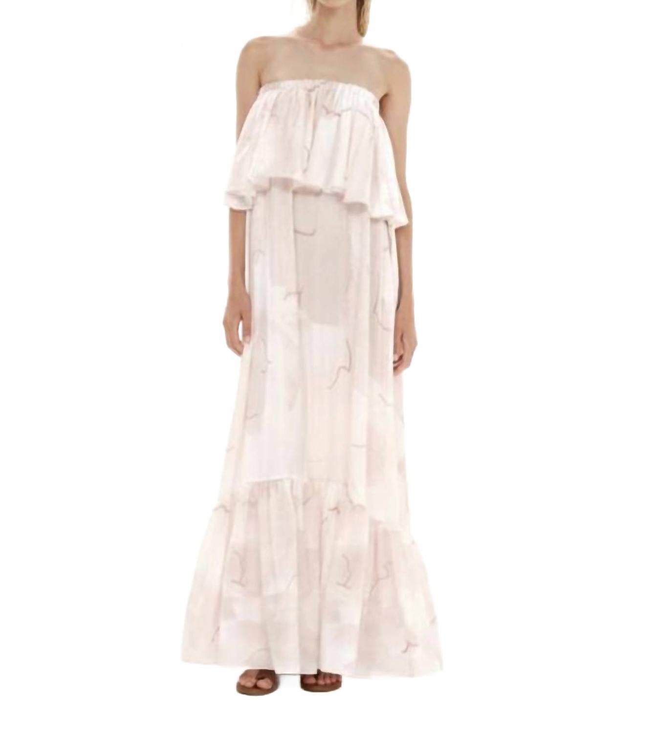 

Абстрактное шелковое макси-платье с рюшами и без бретелей в винтажно-розовом цвете Kourbela