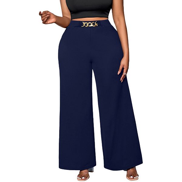 

Брюки женские plus size high waisted wide leg с металлической цепью Yesfashion, Navy Blue