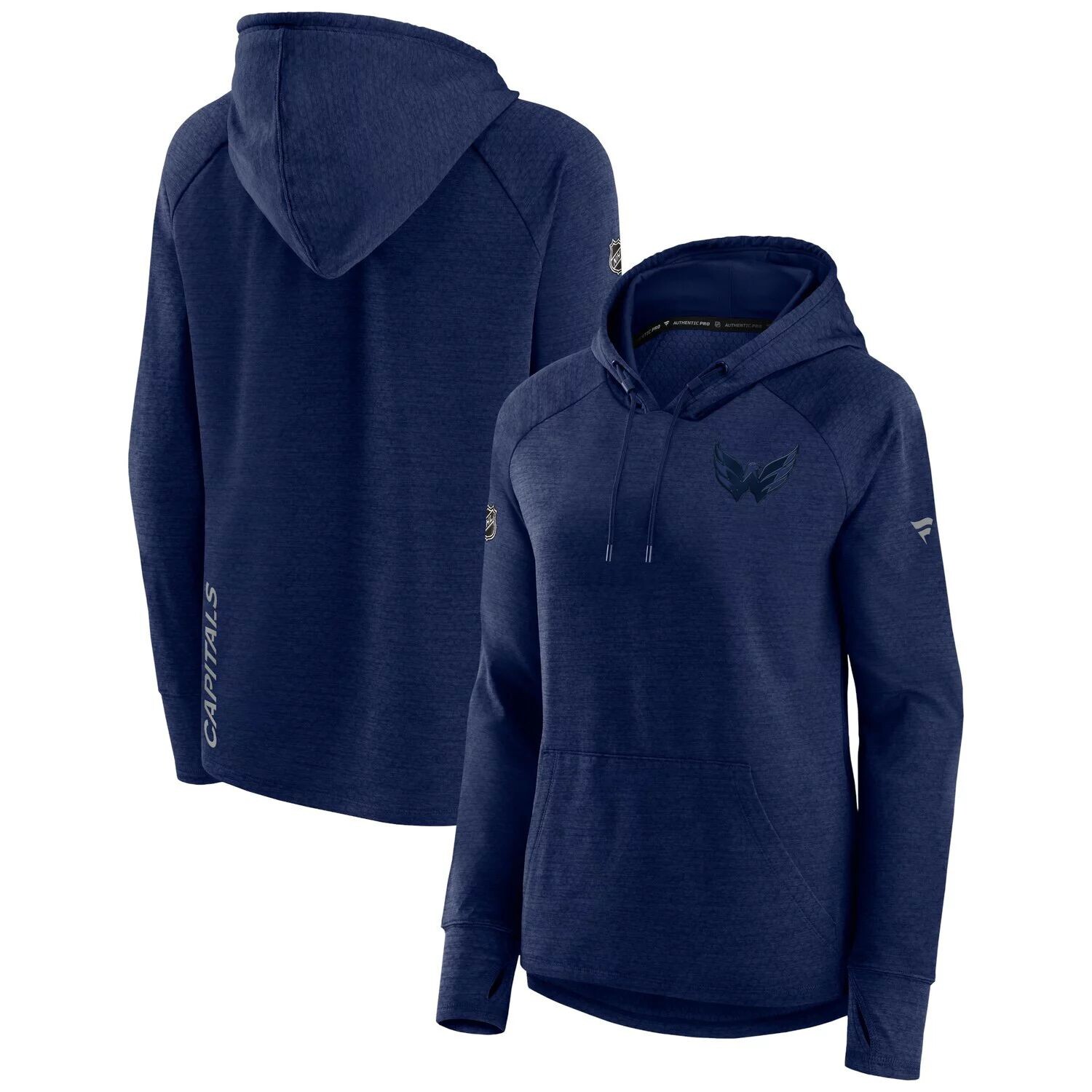 

Женский пуловер с капюшоном Fanatics с логотипом Heather Navy Washington Capitals Authentic Pro Road Performance Fanatics
