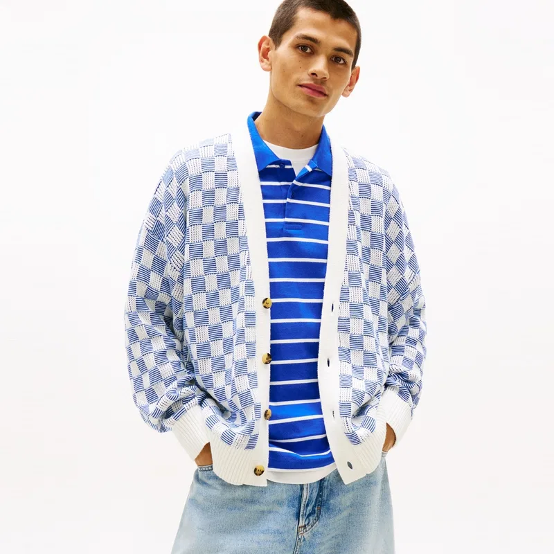 Вязаный джемпер мужской V-Neck Moderate Tommy Hilfiger, Blue White Plaid C8O — фото 4