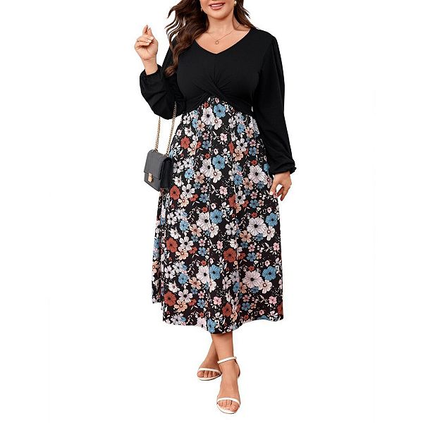 

Женское повседневное платье plus size с v-образным вырезом, длинным рукавом и цветочным принтом a-line Yesfashion, Black