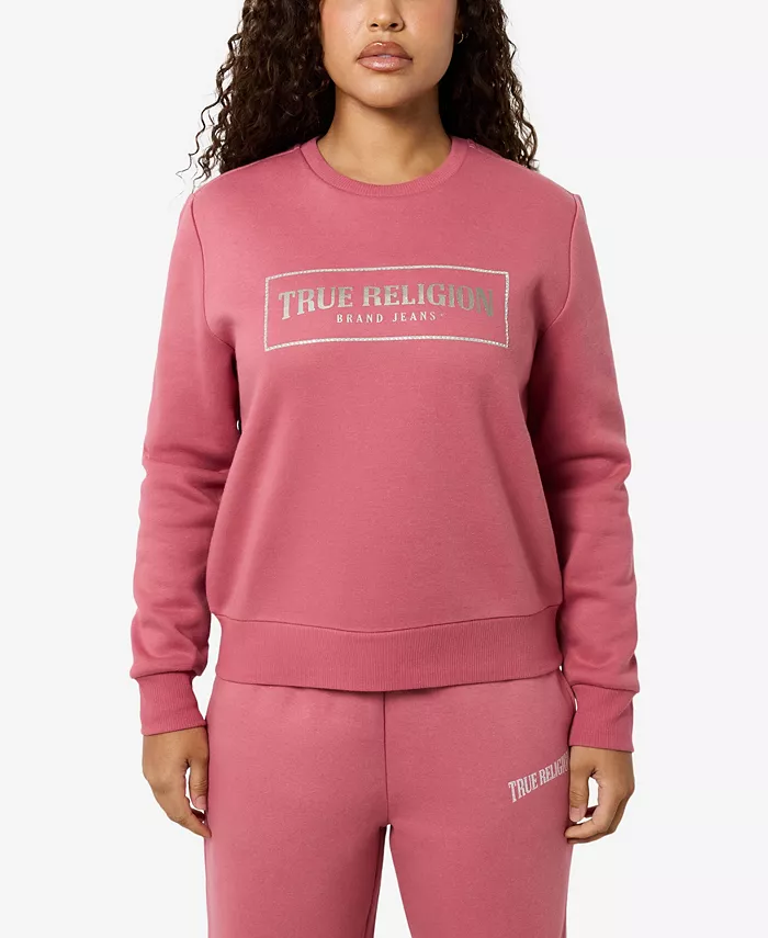 

Женский классический свитшот с круглым вырезом и кристаллами в логотипе True Religion, розовый
