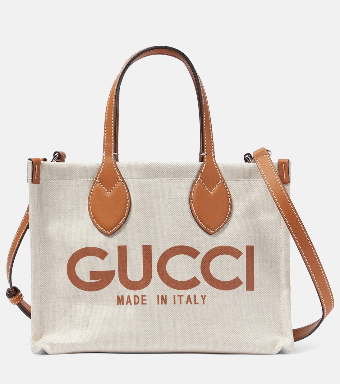 

Миниатюрная холщовая сумка-тоут с кожаной отделкой и логотипом Gucci, бежевый