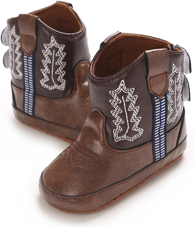 

Детские ковбойские ботинки Kuner, вестерн-башмачки для малышей, мягкая подошва, нескользящие, для новорожденных мальчиков и девочек 0-18 месяцев, коричневый