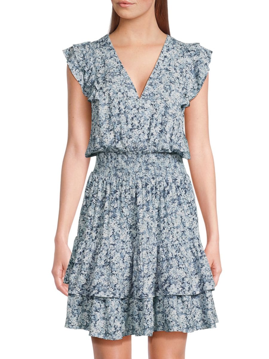 

Мини-платье из вискозы с цветочным принтом и оборками DKNY, цвет Blue Floral Multi