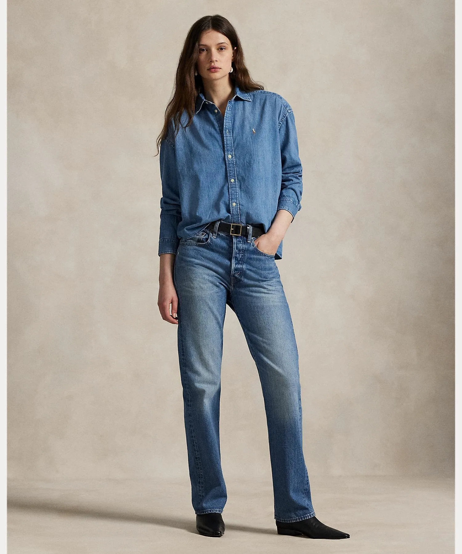 Укороченная свободная джинсовая рубашка Polo Ralph Lauren, 400 Blue — фото 3