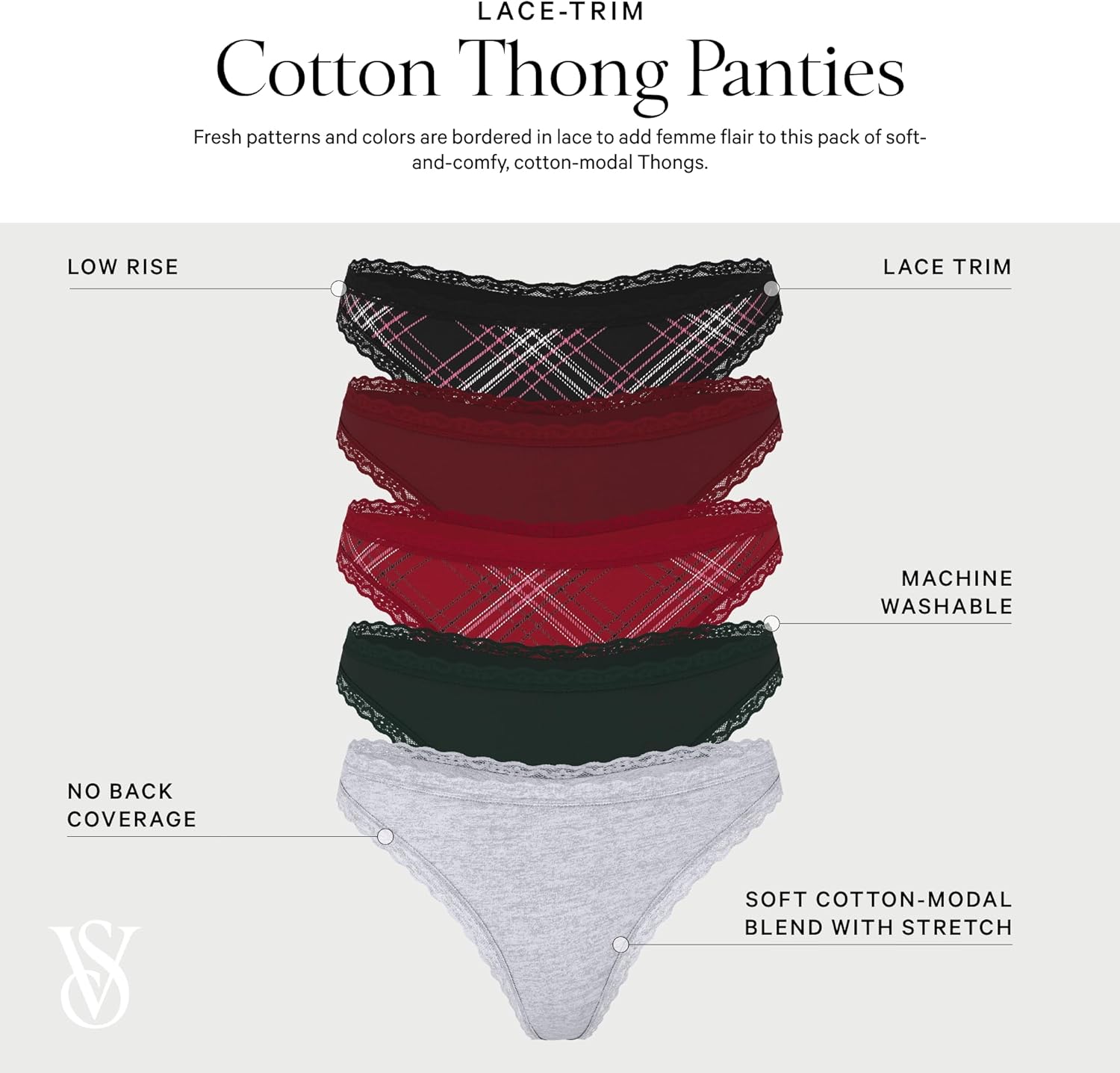 Комплект из 5 хлопковых трусиков-стрингов Victoria's Secret с кружевной отделкой, Plaid & Solid Mix — фото 4