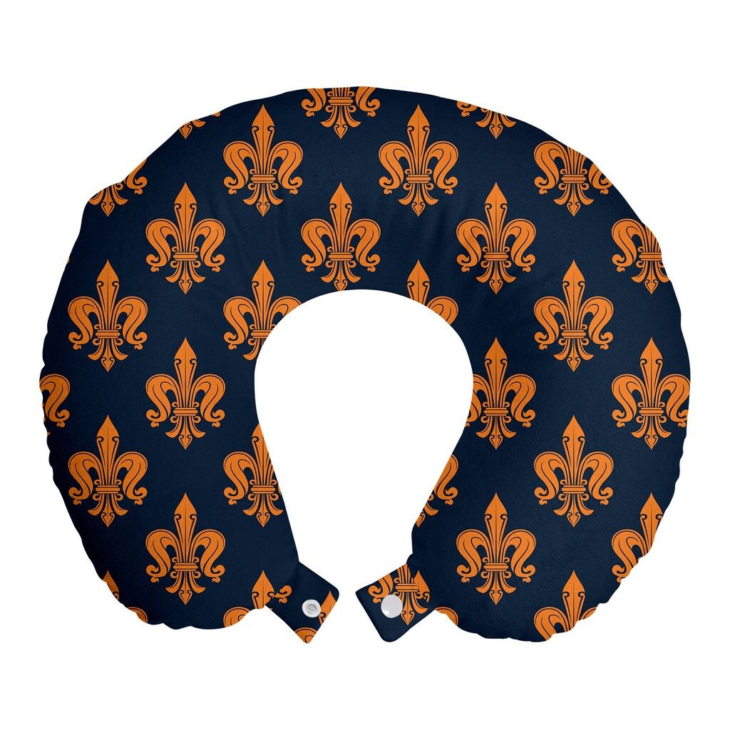 

ABAKUHAUS Fleur De Lis Дорожная подушка для шеи, викторианская готика, пенопластовые дорожные принадлежности для самолета и автомобиля, 30x30 см, темно-синий оранжевый