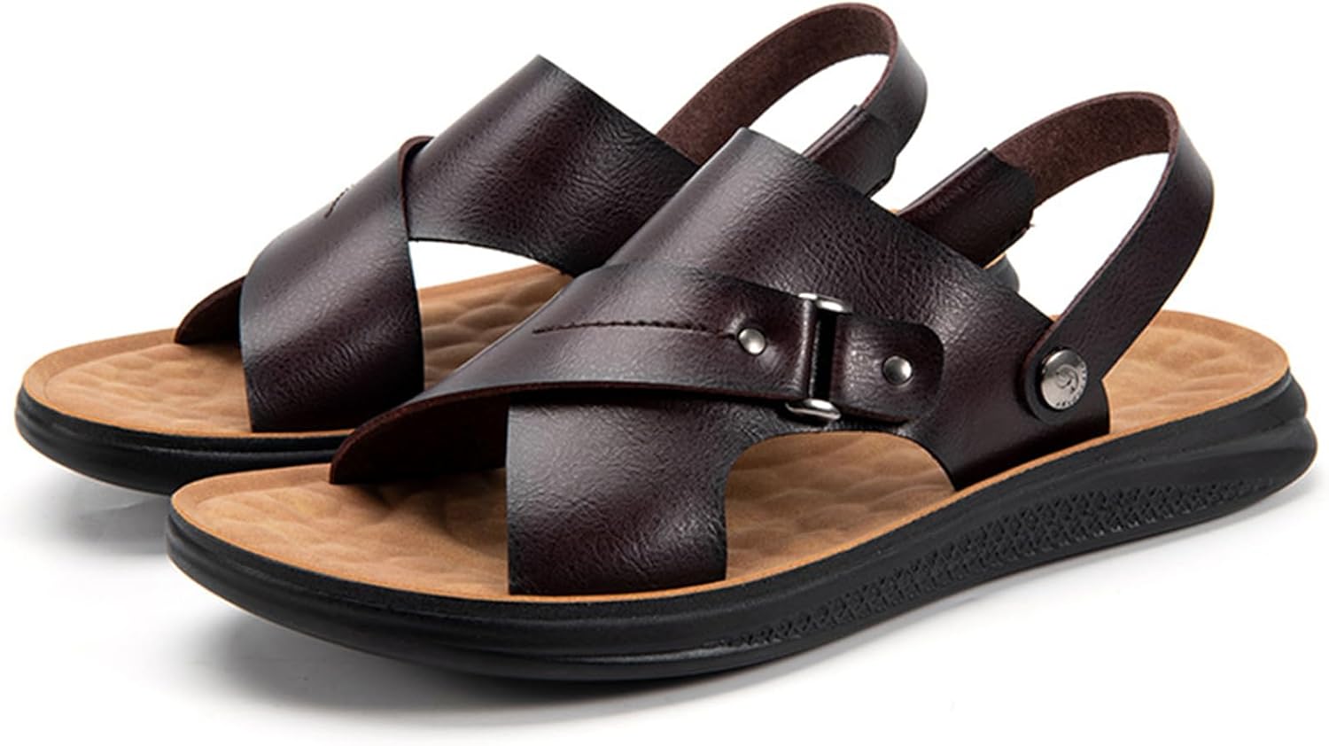 

Мужские кожаные сандалии BANGTEUO с плоской подошвой для пляжа, удобные с круглым открытым носком, с регулируемым ремешком на щиколотке, для повседневного ношения на улице, летом, на пляжном отдыхе, коричневый