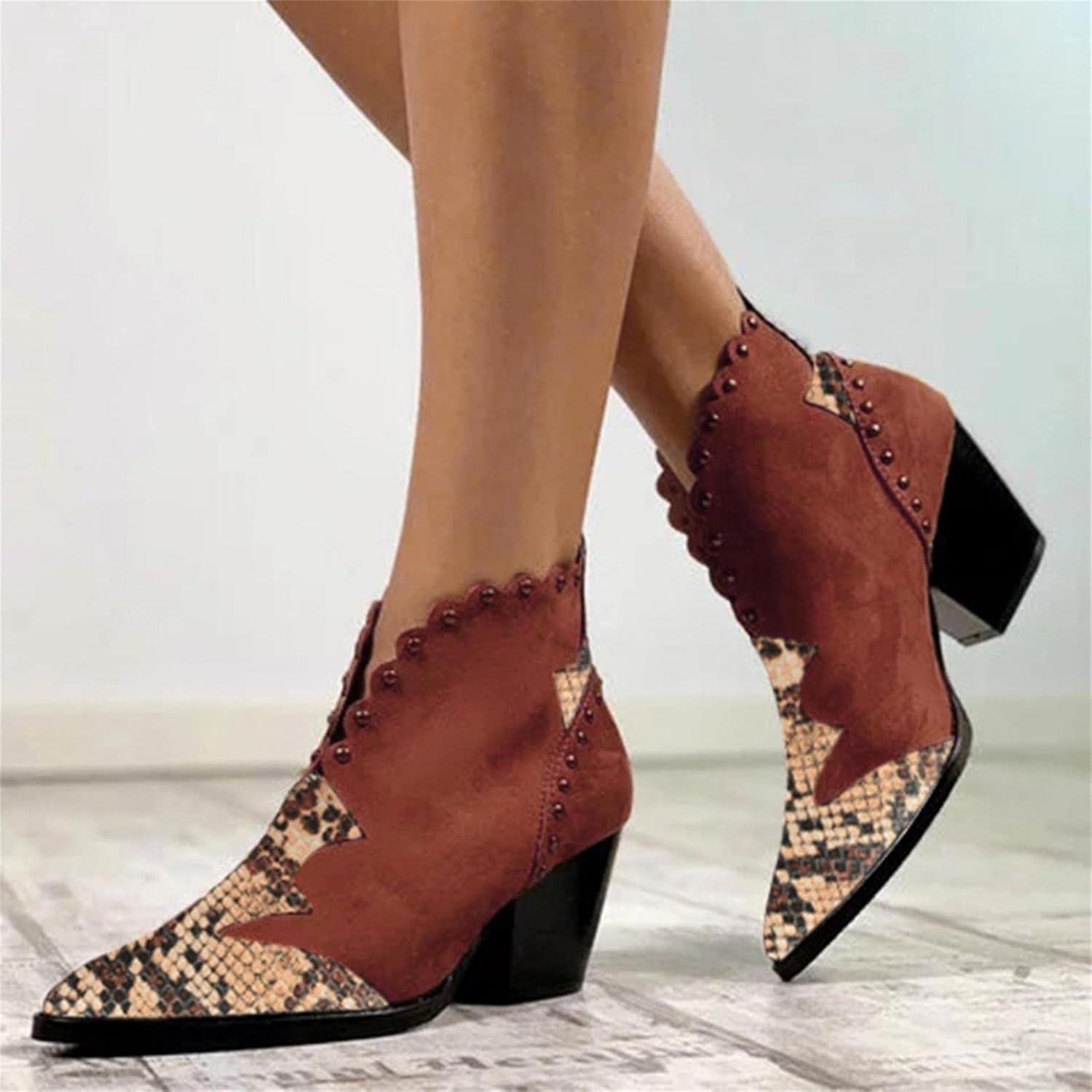 Ботинки Hbeylia Dress Boots для женщин, модные, из мягкой искусственной змеиной кожи, с лоскутным дизайном, коричневый — фото 2