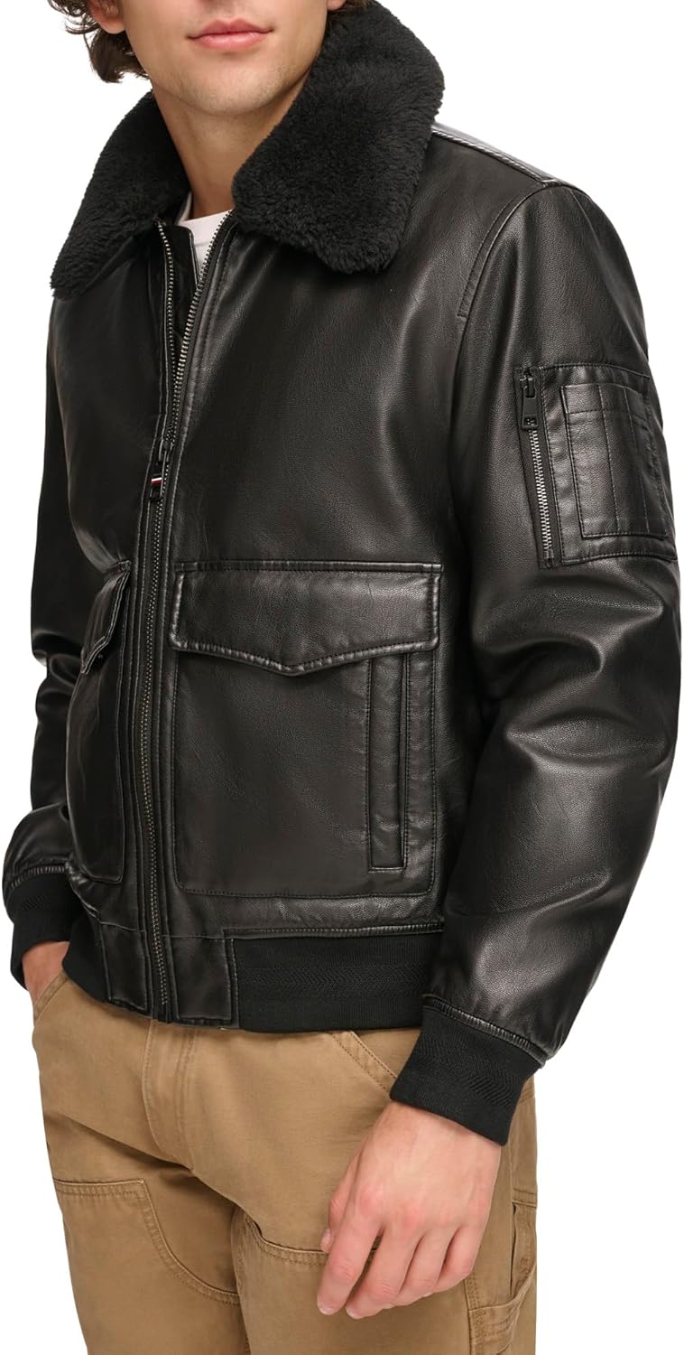 Мужская куртка-бомбер из искусственной кожи Tommy Hilfiger, Black Faux Fur Collar — фото 3