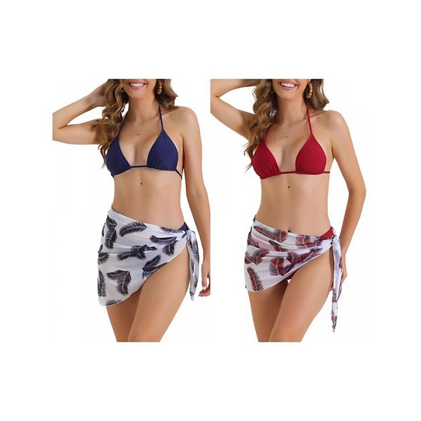 

2 комплекта женского бикини-треугольника с лифом-холтером, 3 предмета: купальник с юбкой-парео в листьях и высоким разрезом Inspire Chic, Red Dark Blue, Красный, 2 комплекта женского бикини-треугольника с лифом-холтером, 3 предмета: купальник с юбкой-паре