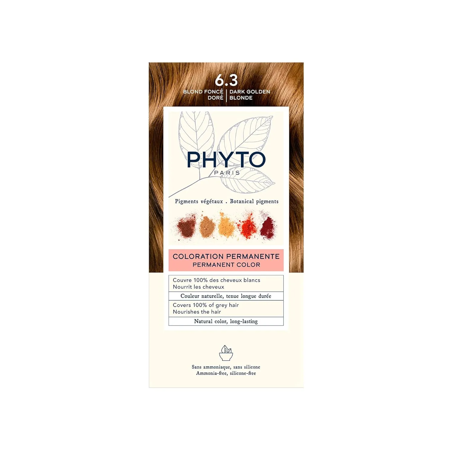 Стойкая краска для волос PHYTO Phytocolor с растительными пигментами, 100% закрашивание седых волос, без аммиака, без PPD, без резорцина, 0,42 унции. 11.91 г (1 шт.), 6.3 Dark Golden Blonde