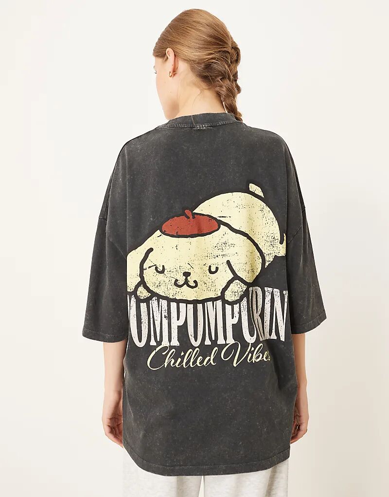 

Футболка ASOS DESIGN оверсайз с принтом Sanrio Pompompurin в выбеленном черном цвете
