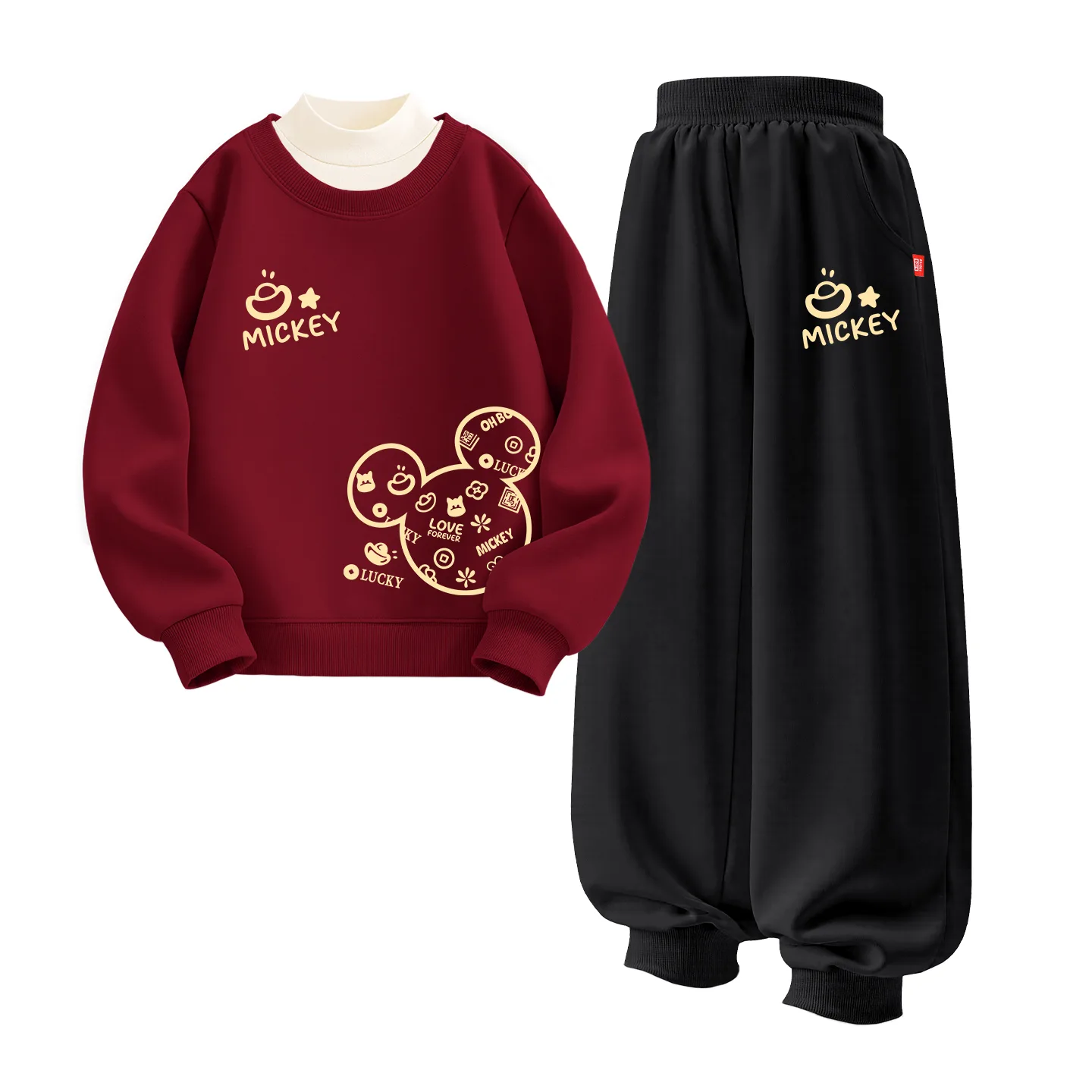 Детский спортивный костюм с круглым вырезом Disney, [Thickened and Fleece-Lined Three-Piece Set]De Fuman Bao K Burgundy+De Fu Bao K Graphite Gray+Solid Color Milk White — фото 3
