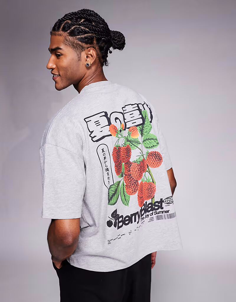 

Футболка свободного кроя ASOS DESIGN с принтом фруктов спереди и сзади серого меланжевого цвета